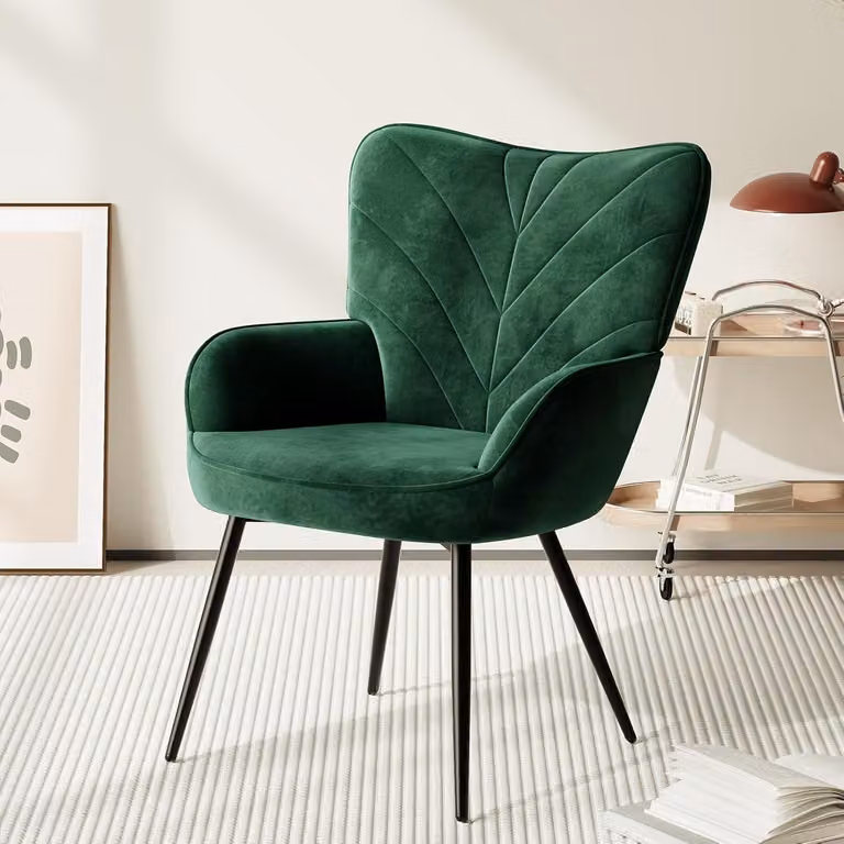 Poltrona da soggiorno, rivestita in velluto con schienale alto, poltrona imbottita e confortevole con design "wingback", poltrona relax con gambe in legno per il soggiorno, ideale per la lettura