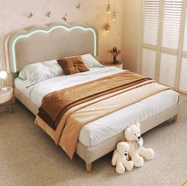 Letto imbottito LED 140x200 cm con testiera regolabile; lino beige