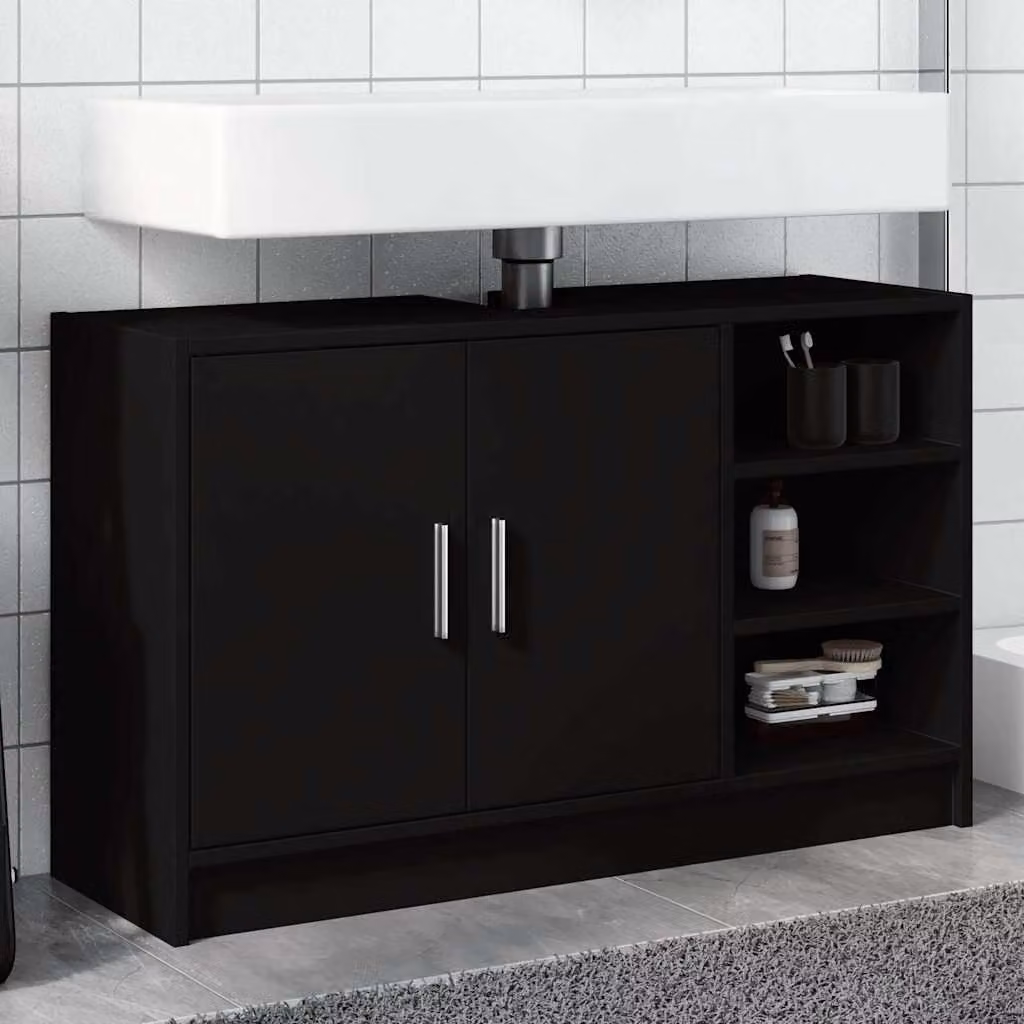 Mobile Lavabo Moderno vidaXL Nero con Ripiano Aperto e Ante a Battente, L 90 x P 29 x H 55 cm