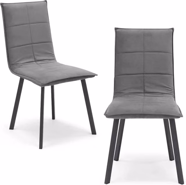 Set 2 sedie Imbottite MARILU', Base quadra in metallo, ideale per sala da pranzo, soggiorno, ufficio, sale d'attesa, tessuto trapuntato a rettangoli colore Grigio, Design moderno