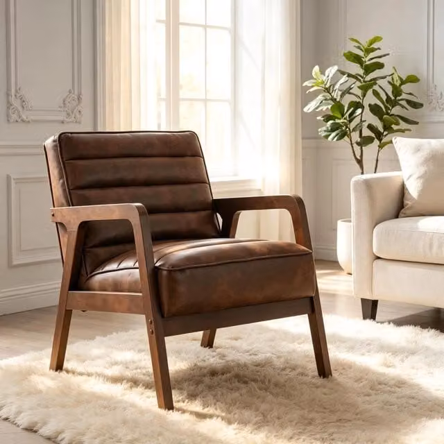 Poltrona da salotto vintage REDOM in ecopelle marrone con struttura in legno L: 64 cm, P: 86 cm, H: 79 cm