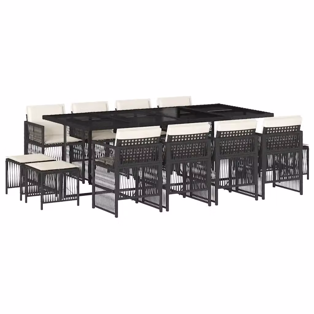 Set da Pranzo da Giardino vidaXL in Polyrattan Nero con Cuscini e Tavolo in Vetro, 13 Pezzi – 2