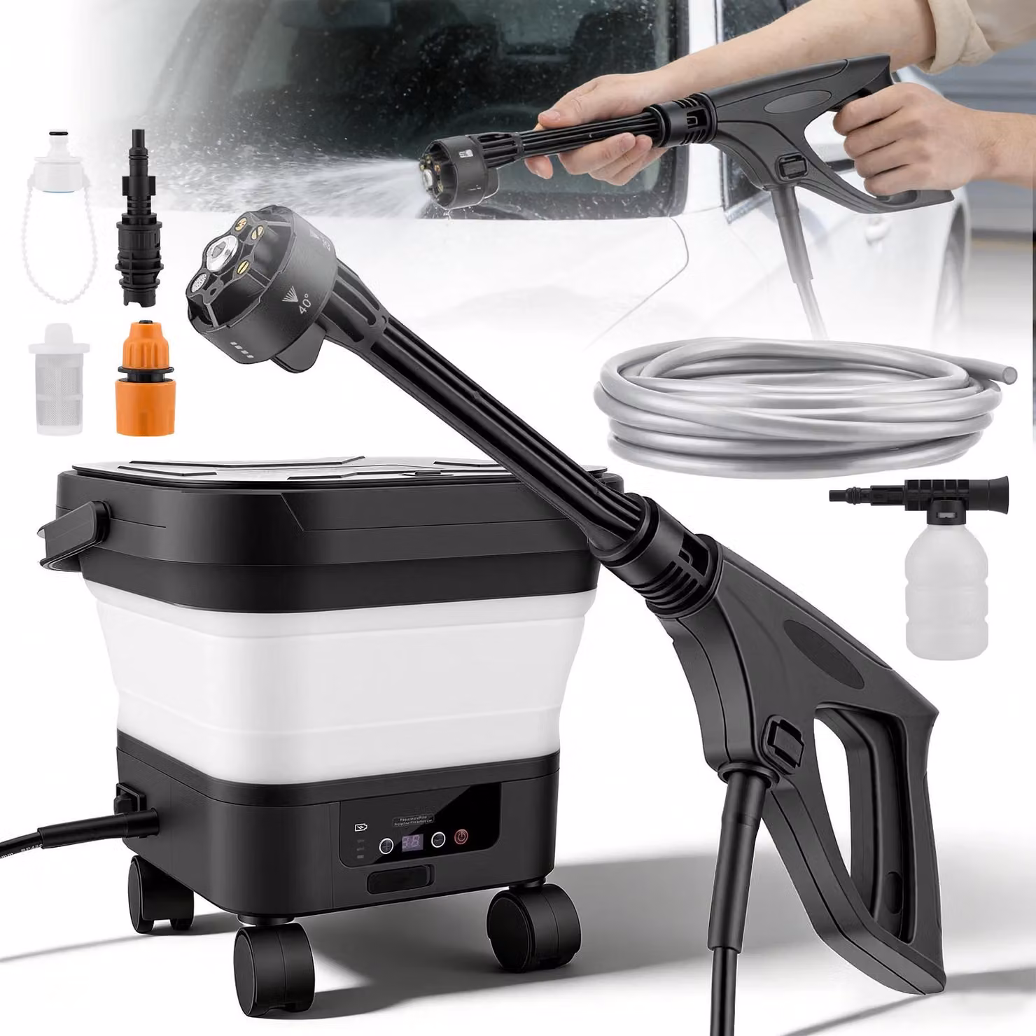 Idropulitrice portatile a batteria - Serbatoio acqua da 13 litri - Pieghevole e ricaricabile - Ugello 6-in-1 - Display LED - 7 livelli di potenza - Colore: nero