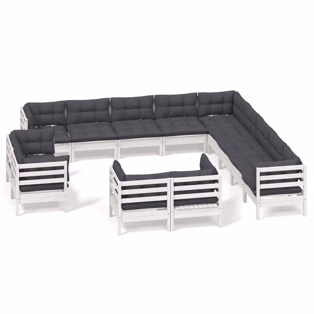 Set Divani da Giardino 13 pz con Cuscini Bianchi Legno di Pino