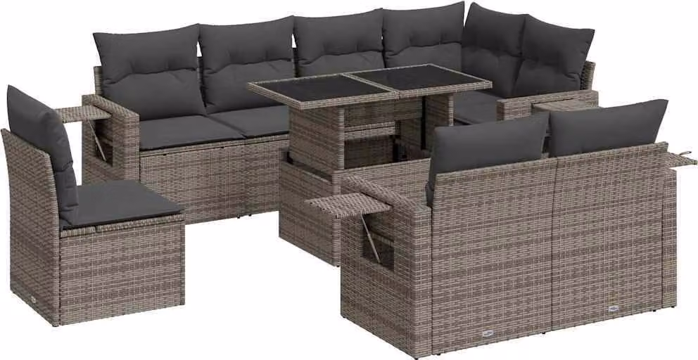 Set Divano da Giardino 9 pz con Cuscini Grigio in Polyrattan