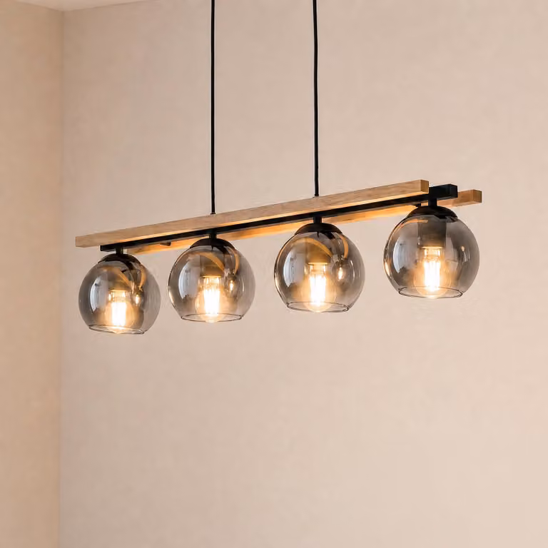 Lampada a sospensione in vetro Enrique Lindby, dimmerabile, Legno chiaro, Soggiorno / Sala da pranzo, Vetro, Moderno, Lampada a sospensione