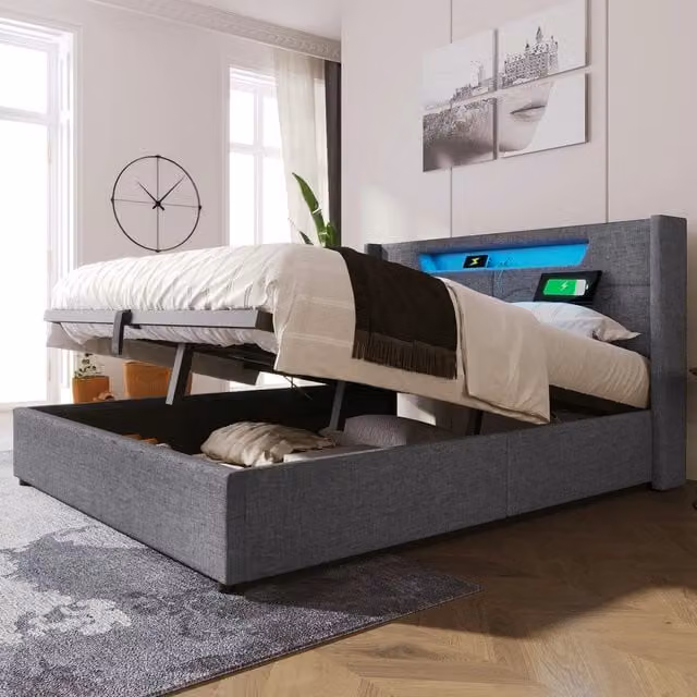 Letto imbottito matrimoniale contenitore con LED e USB ¨C Minimal ¨C Tessuto lino 160x200 cm con rete a doghe