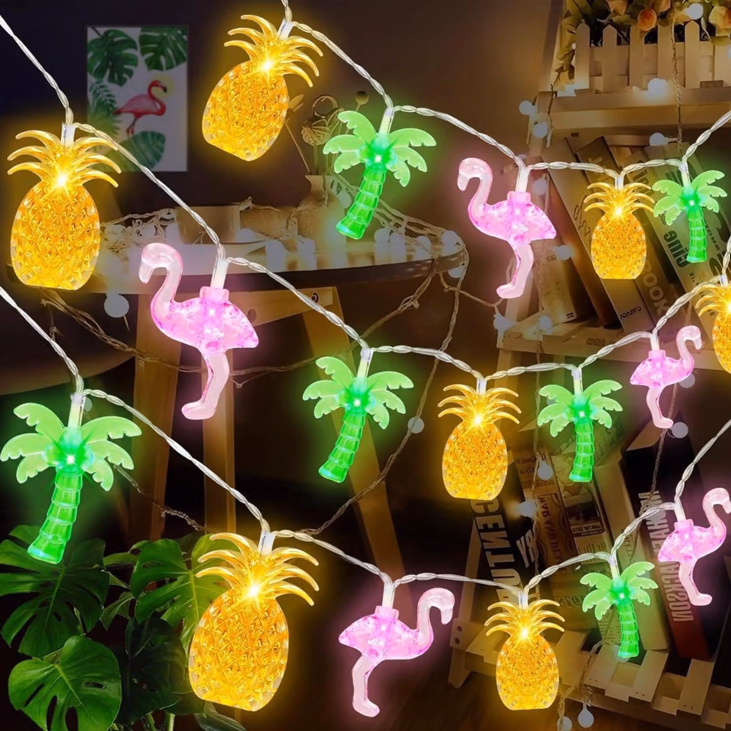Catena luminosa a LED tropicale, 20 luci, 3 metri, con motivi di ananas, fenicotteri e palme