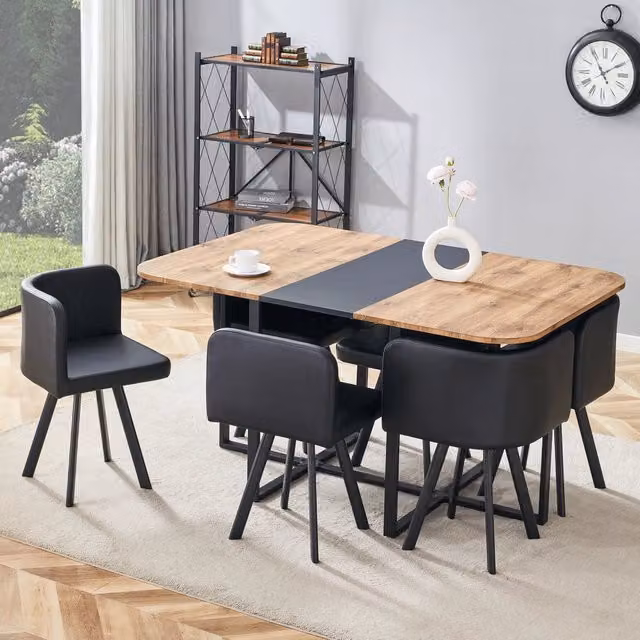 Desviae Tavolo da pranzo allungabile con sedie in MDF e metallo nero effetto legno per cucina e soggiorno