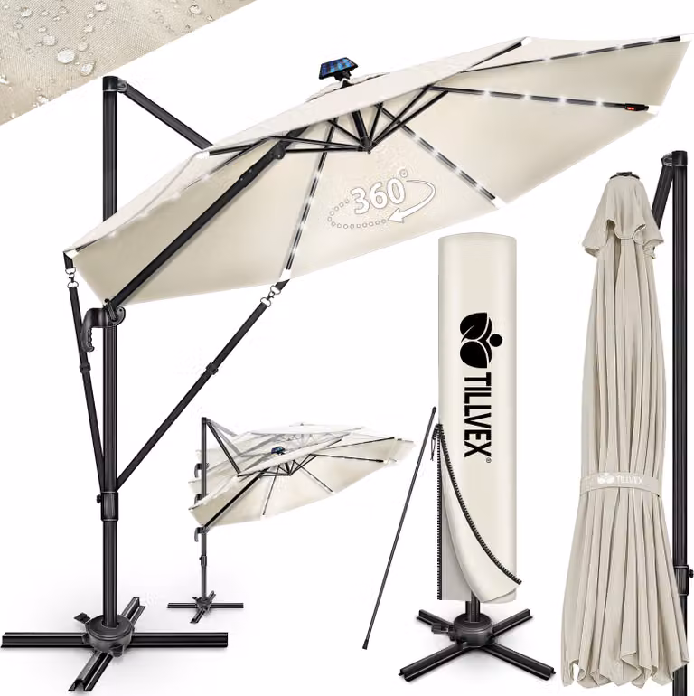 tillvex® Premium ombrellone in alluminio 330 cm Beige + copertura e protezione dal vento | Ampelschirm 6-Fach verstellbar mit Kurbel | Gartenschirm 360° Drehbar Neigbar Kippbar | Kurbelschirm UV50+ Groß wasserdicht