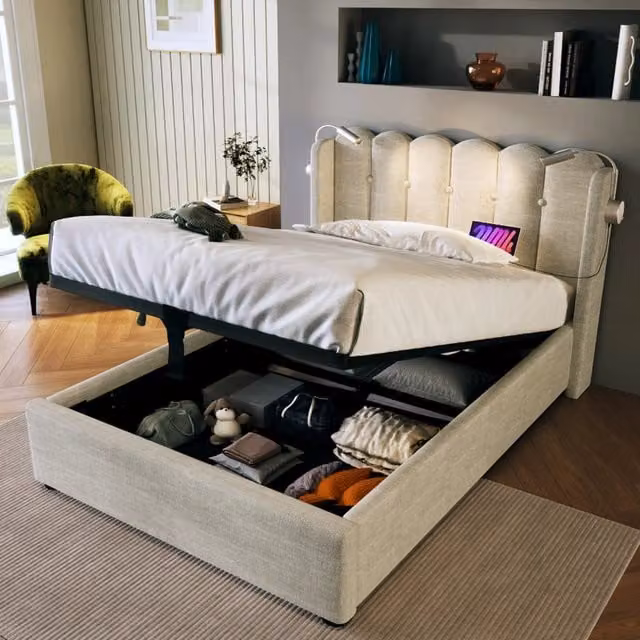 Letto singolo con contenitore OKWISH in lino beige, dotato di luce da lettura e presa USB, L/P/H: 90 x 200 x 103 cm