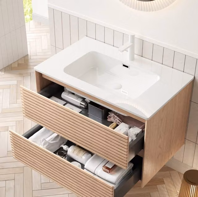 Mobile lavabo bagno con lavabo in ceramica; 2 cassetti soft-close; finitura noce naturale