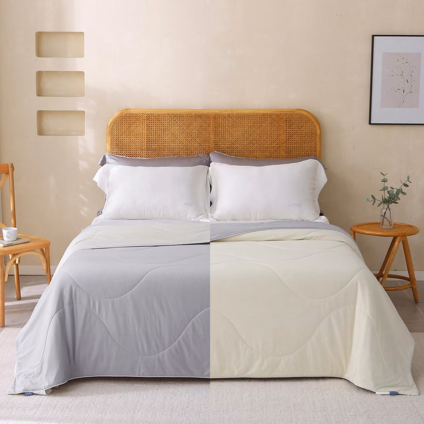 Coperta estiva 220x240 cm, 100% seta selvaggia, effetto rinfrescante, Q-Max >0,4, colore grigio/beige