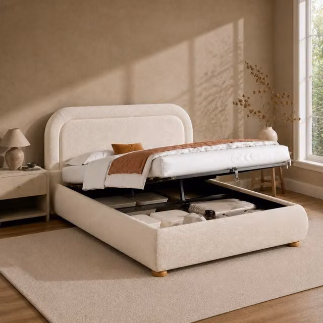 Letto contenitore 140x200 cm; matrimoniale con contenitore idraulico; rete a doghe; testiera capitonné; bouclé; beige