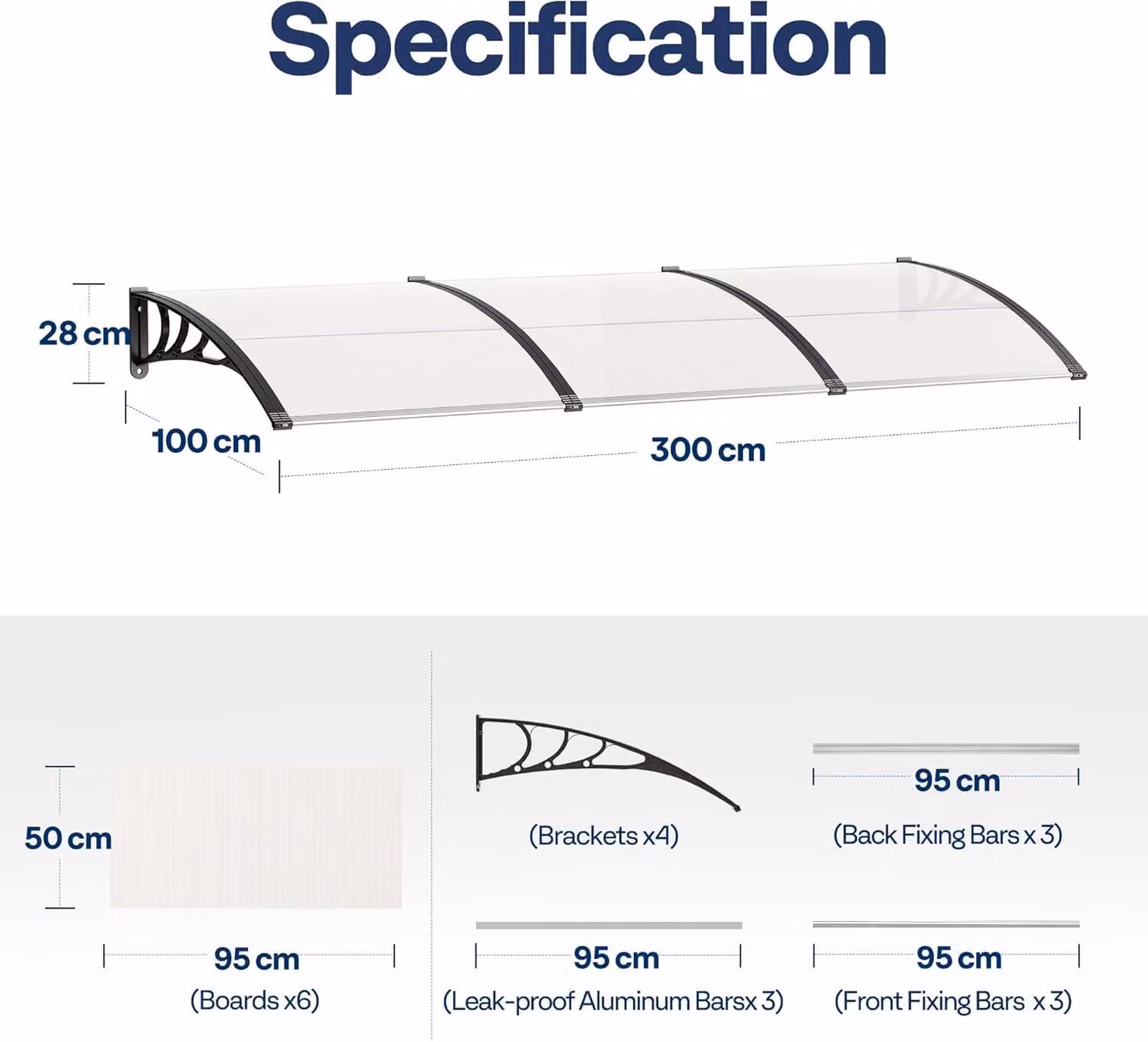 Porta finestra a tenda trasparente per ingresso, dimensioni 100 x 300 cm, con struttura in alluminio e tenda in policarbonato con protezione solare ad arco e protezione dalla pioggia