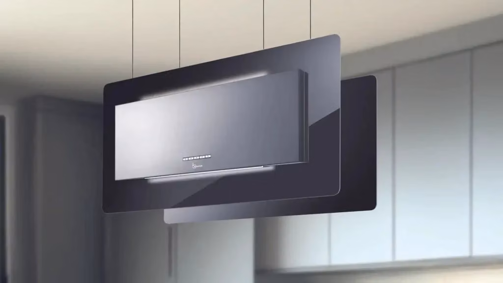 Cappa da soffitto Baraldi Trisia in acciaio inox e vetro nero con aspirazione da 800 m3/h – 2