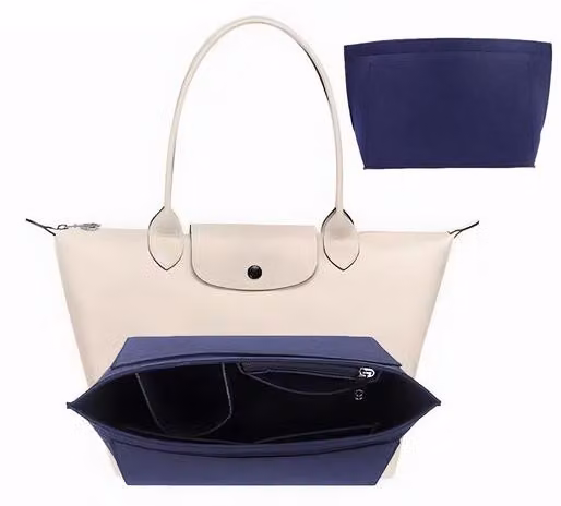 Organizer da borsa blu con tanti scomparti e portamonete