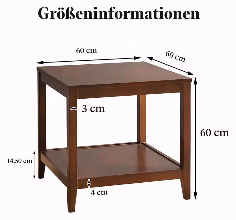 Tavolino laterale in legno massello, legno di gomma, forma quadrata, dimensioni 60x60x60 cm, finitura noce