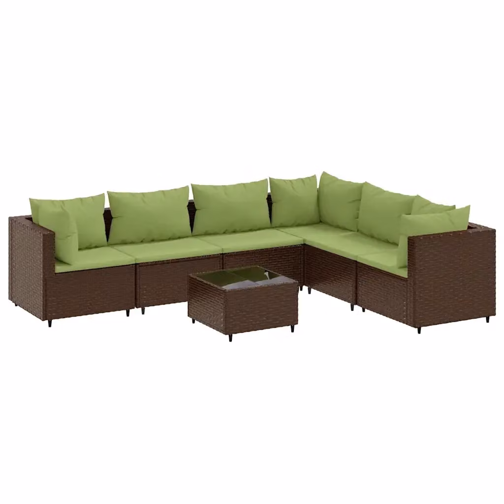 vidaXL Set Divani da Giardino 7 pz a Forma a L con Cuscini e Tavolino in Polyrattan Marrone e Verde – 2