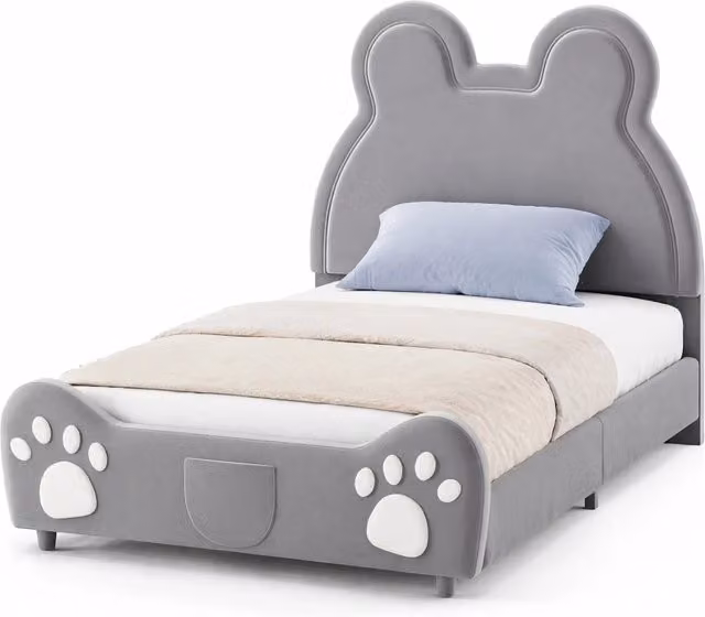 Letto singolo per bambini a forma di orso 90x200 cm imbottito in velluto grigio