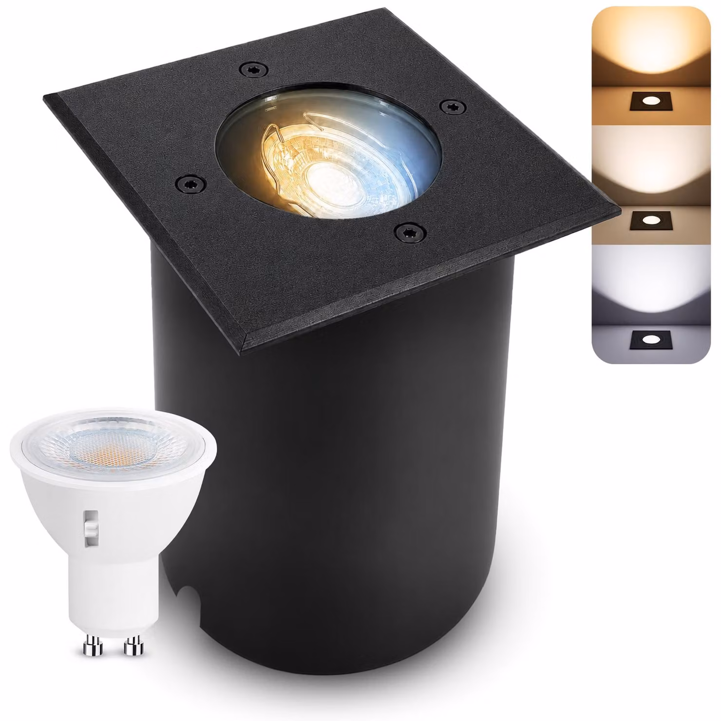 SSC-LUXon JUAVI Lampada da incasso a pavimento Lampada da esterno IP67 - con LumiFLEX GU10 LED dimmerabile 6W tre colori di luce - Faretto da pavimento nero opaco angolare carrabile