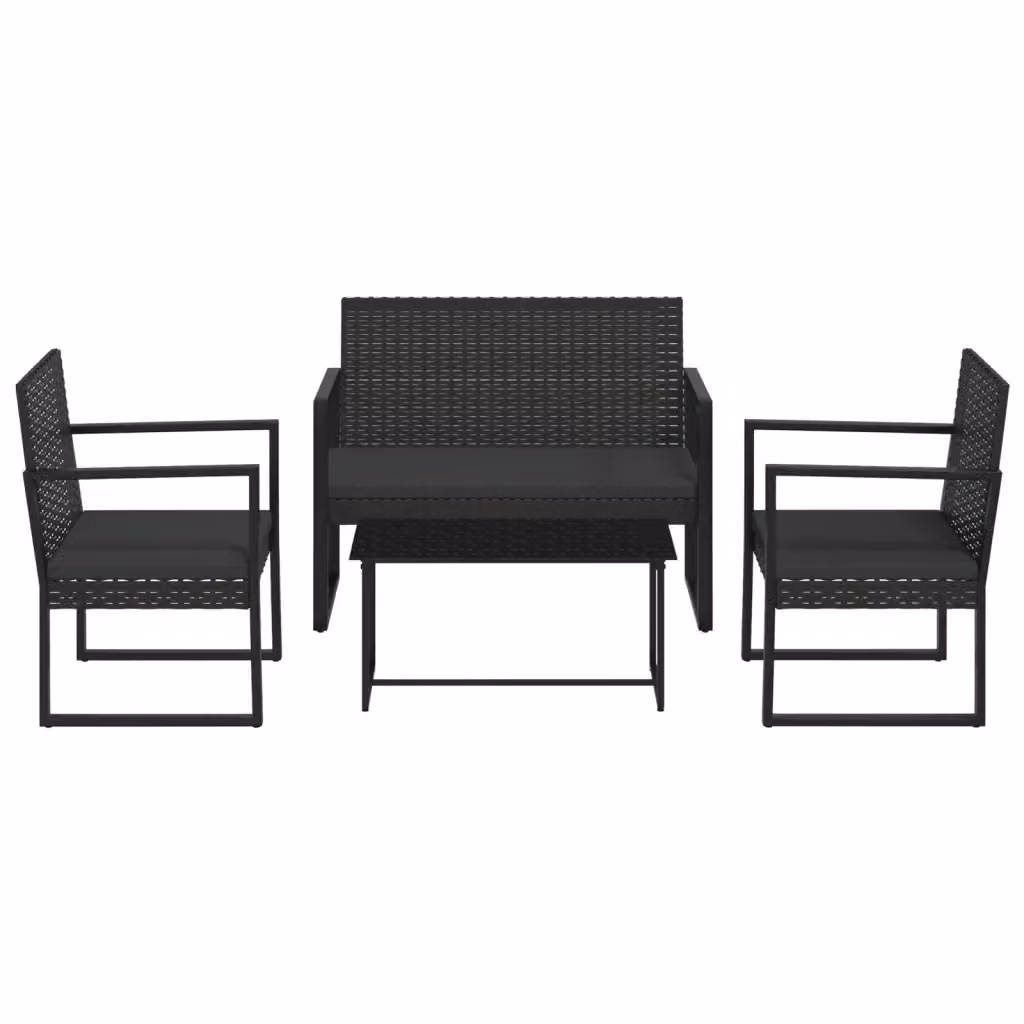 Set da giardino vidaXL composto da 2 divani da esterno, 1 tavolino da caffè e 1 poltrona con cuscini in tessuto nero e struttura in rattan e metallo – 2