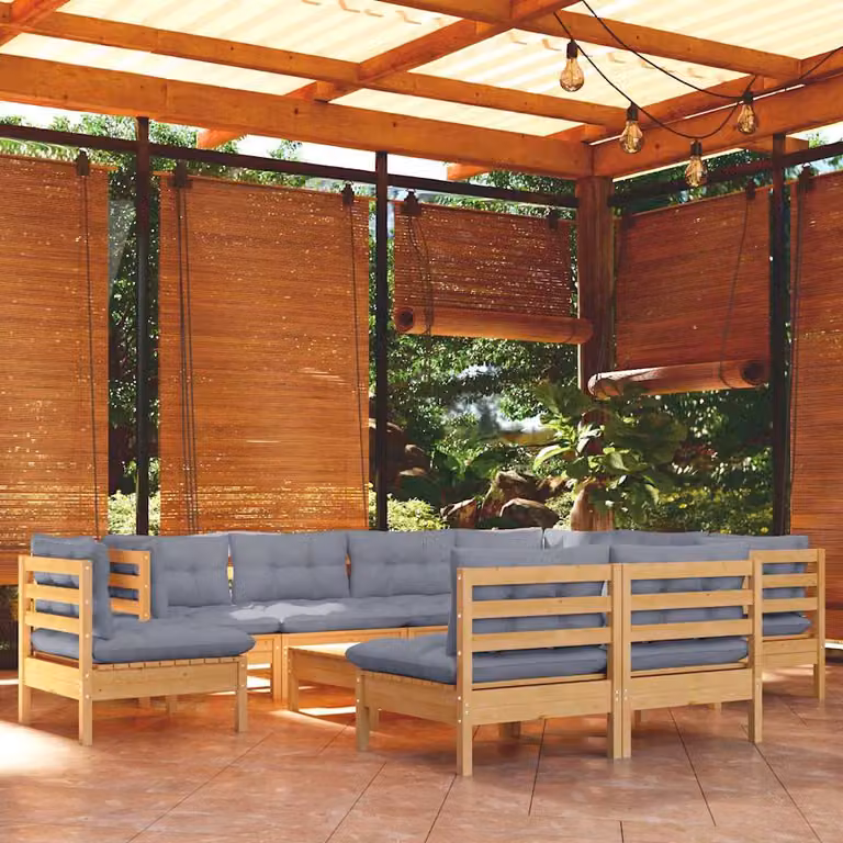 Set di divani da giardino vidaXL a forma di U in legno massello di pino con 10 pezzi e cuscini grigi