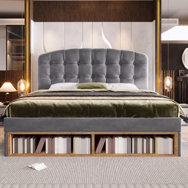Letto REDOM in velluto grigio con cassetti e testiera regolabile L/P/H: 140 x 200 cm – 1