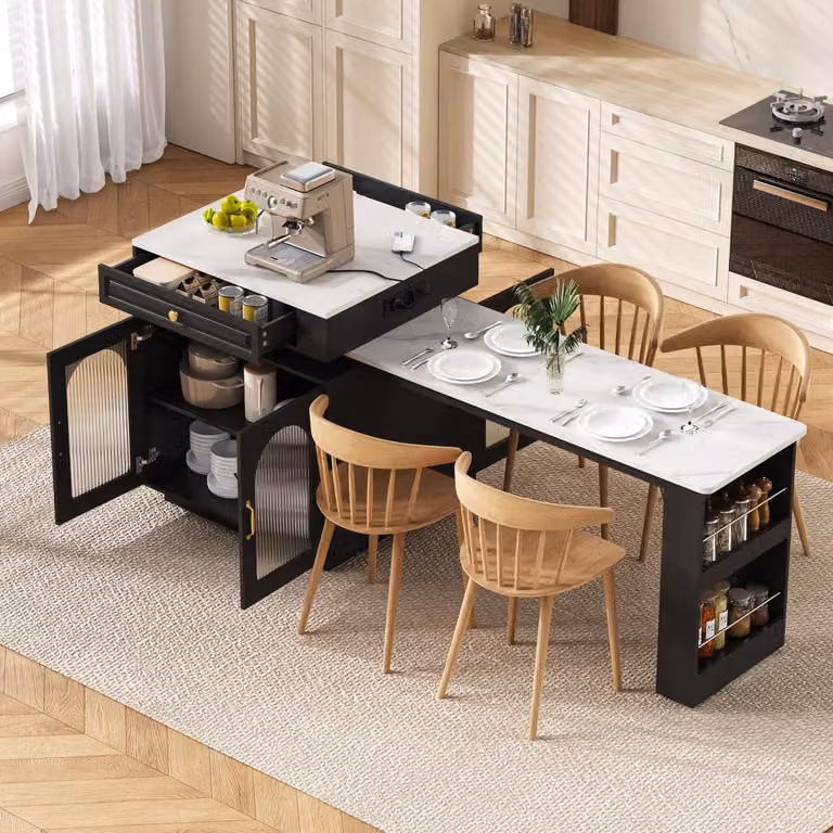 Isola cucina mobile nera con ruote, tavolo da pranzo estendibile con illuminazione a LED, bancone bar con prese elettriche, utilizzabile anche come piano di lavoro o mobiletto laterale