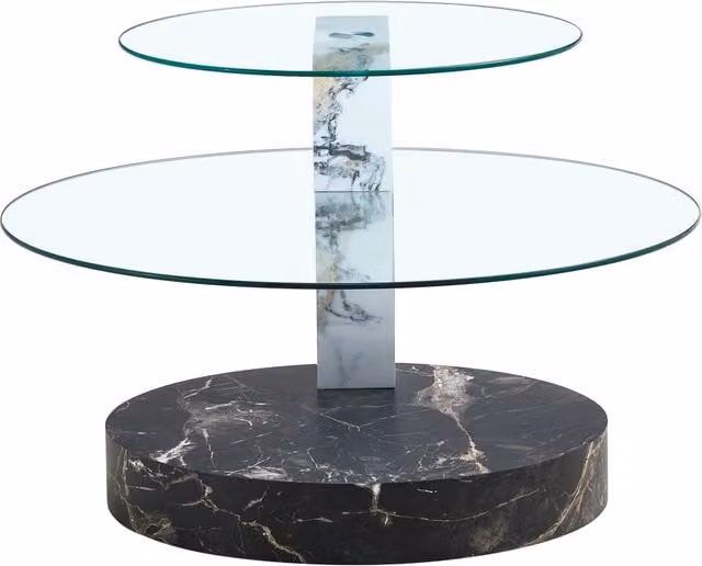 Tavolino da caffè moderno REDOM con due ripiani in vetro e MDF, design astratto e finitura lucida, colori nero e bianco, diametro: 70 cm