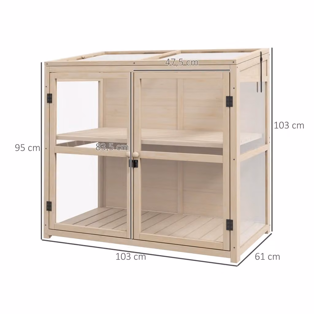 Serra in legno WISHDOR con doppia porta, tetto apribile e 2 livelli, colore naturale, L: 103 cm, P: 61 cm, H: 95/103 cm – 2