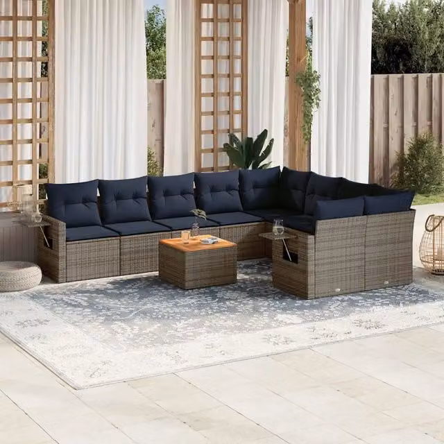 Set Divani da Giardino 10 pz con Cuscini Grigio in Polyrattan 3224724