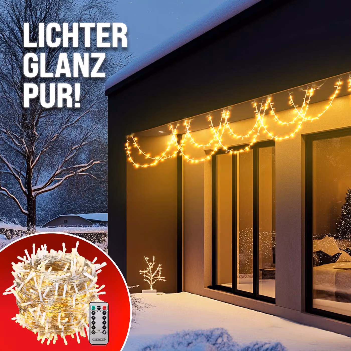 Catena di luci natalizie Monzana con 600 LED bianco caldo e cavo trasparente, lunghezza 60 m, con telecomando e timer, protezione IP44 – 3