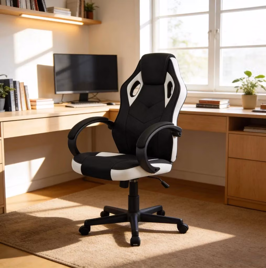 Sedia gaming ergonomica con poggiatesta e braccioli in ecopelle nero e bianco – 2