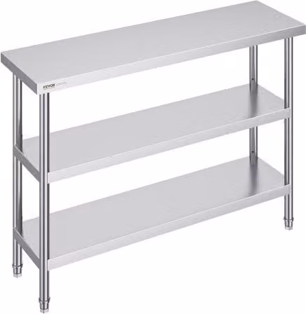 Tavolo da lavoro professionale VEVOR in acciaio inossidabile color argento con 2 ripiani regolabili, L/P/H: 121,9 x 35,6 x 86,4 cm