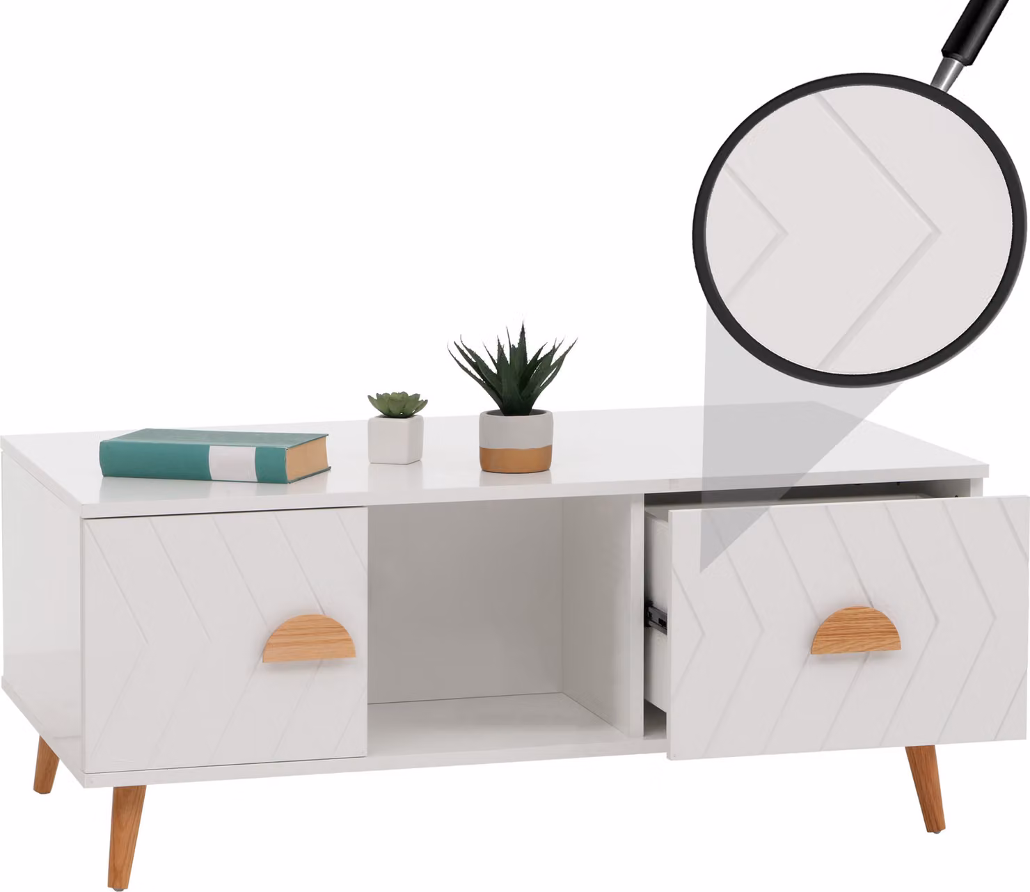Tavolino MCW-N89, tavolino ausiliario per divano, con cassetti, ante e scomparti, motivo a spina di pesce, legno melaminico, 42x103x60 cm, colore bianco