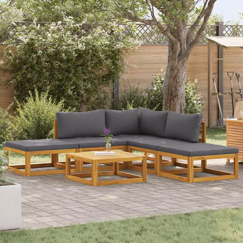 vidaXL Set Divani da Giardino 6 pz in Legno di Acacia con Cuscini Grigio e Marrone – 1