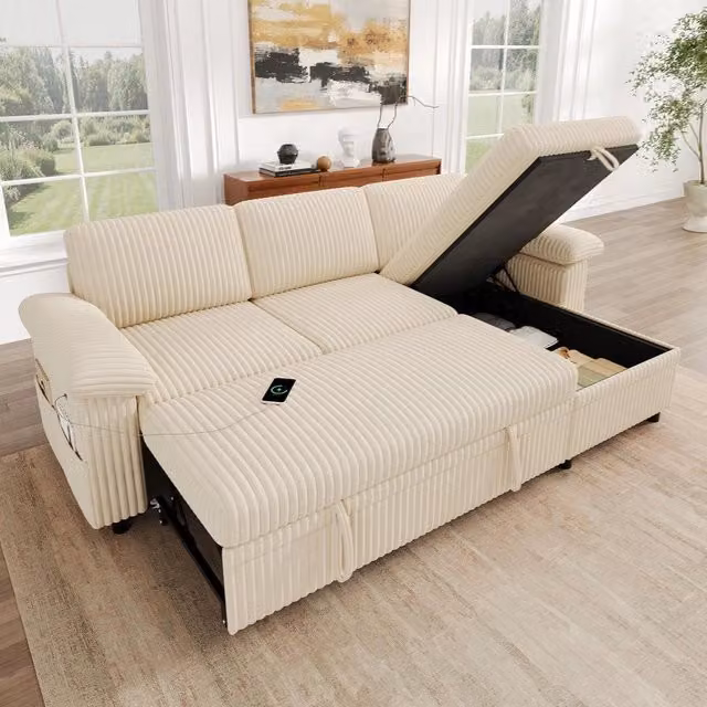 Divano angolare estraibile con cassetti ¨C Minimal ¨C Beige tessuto