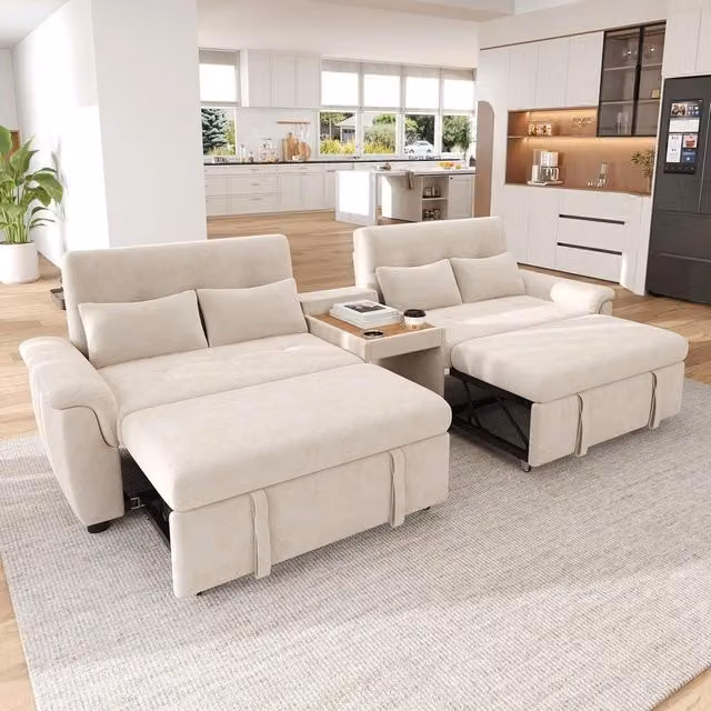 Divano letto estraibile ¨C Minimal ¨C Beige tessuto chenille, 4 cuscini, 284x138x89 cm