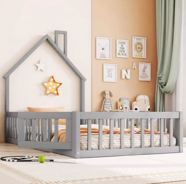 Letto casa bambini 90x200 cm; design camino; legno e MDF; grigio (Senza materasso)