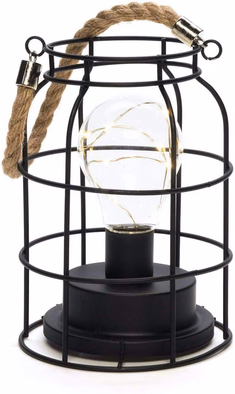 Lanterna a LED, forma rotonda, 9 LED bianco caldo, timer, alimentazione a batteria, colore nero