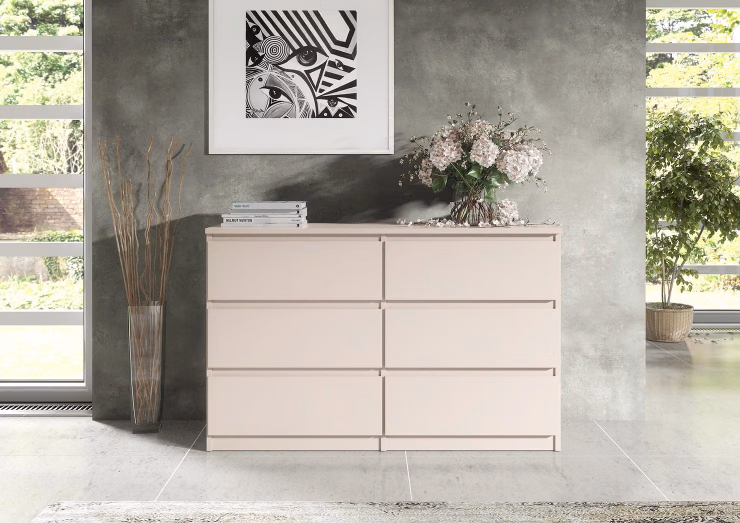 Comodino moderno da 100 cm con 6 cassetti e ampio spazio di archiviazione