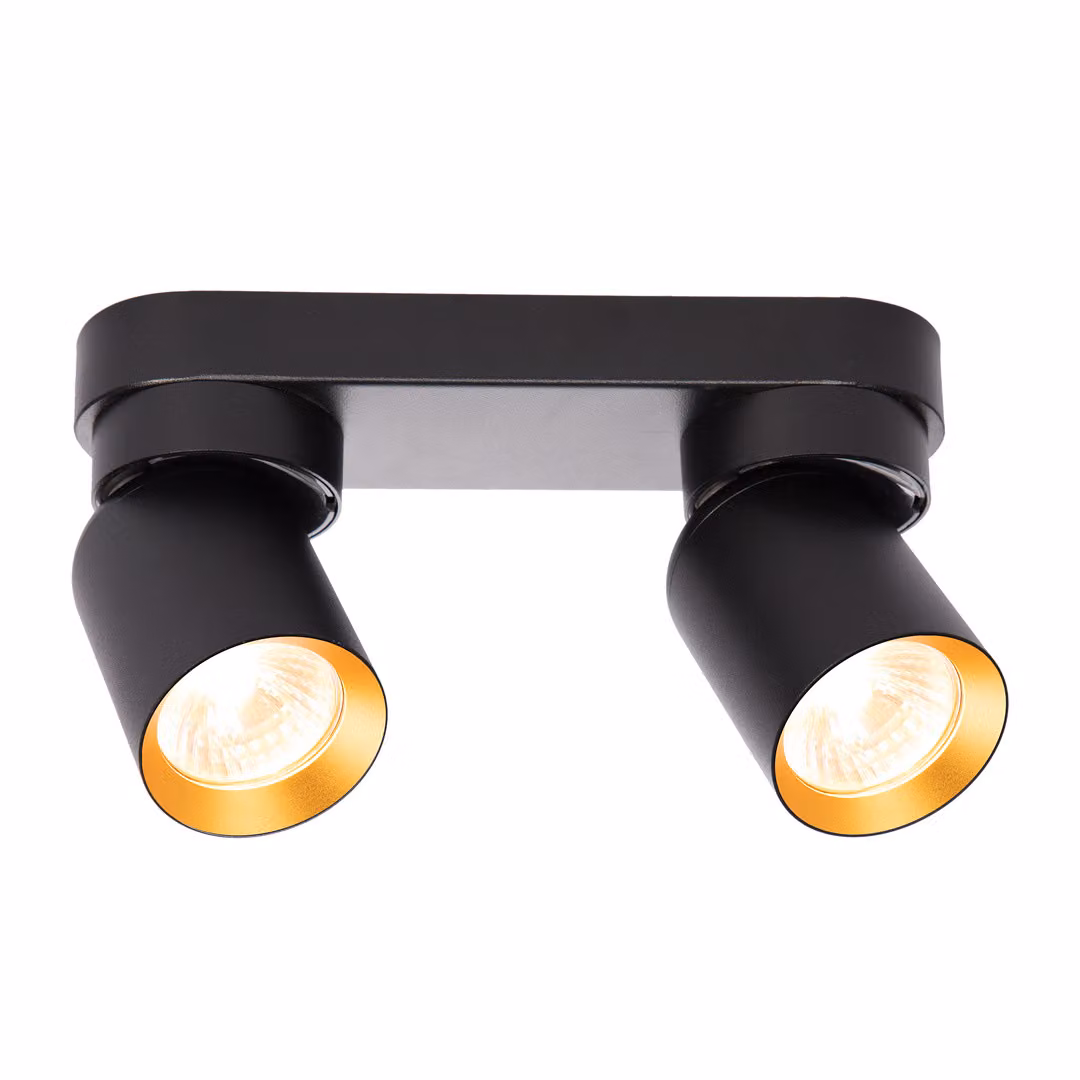 Striscia nera con 2 faretti dotati di interno dorato, orientabile, 2xGU10 10W, modello Andy Milagro