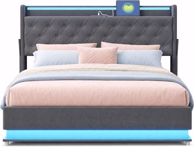 Letto matrimoniale 160x200 cm con contenitore idraulico; LED multicolore e USB; grigio