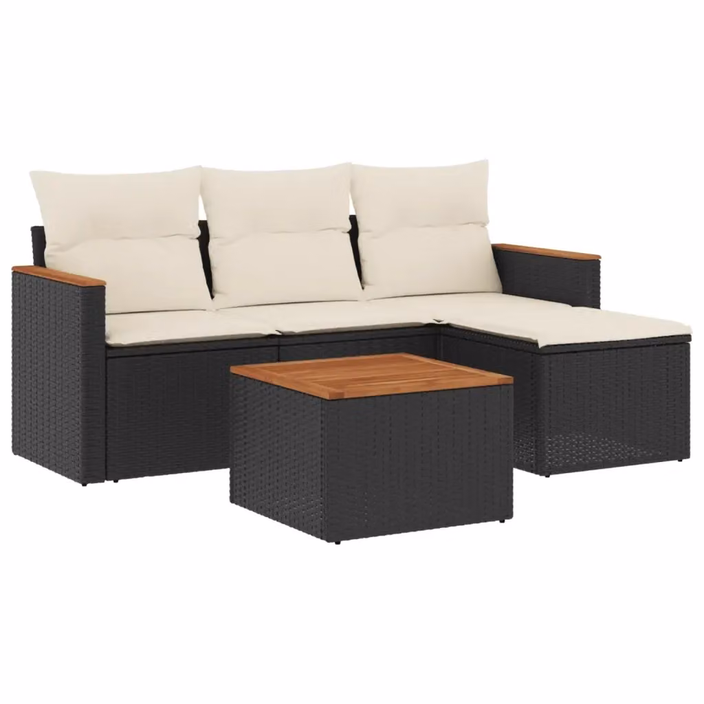 Set Divani da Giardino vidaXL 5 pz a Forma a L con Cuscini, Tavolino e Pouf, Polyrattan e Metallo, Nero e Bianco – 2