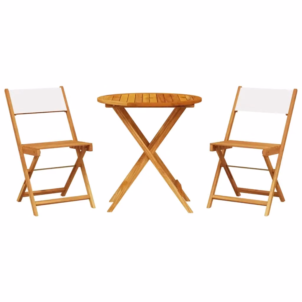 Set da Bistrot vidaXL in Legno di Acacia con Tessuto Bianco e Beige, 3 Pezzi – 2