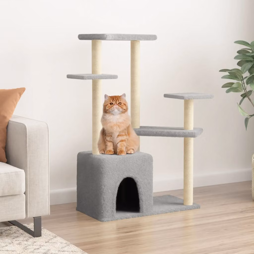 Albero per gatti vidaXL con tiragraffi in sisal e legno, colore grigio, Altezza: 107,5 cm