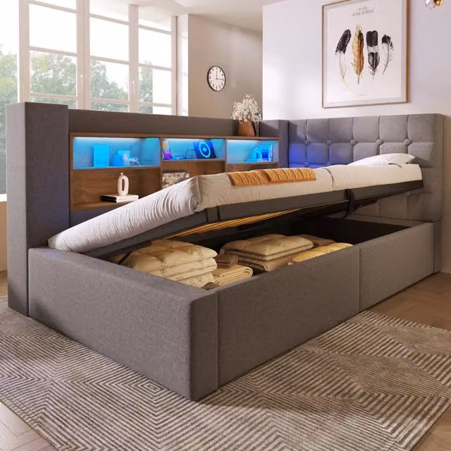 Letto singolo imbottito MODFU in lino grigio con vano contenitore idraulico, illuminazione LED sottostante, porta USB e mensola integrata, L/P: 90 x 200 cm