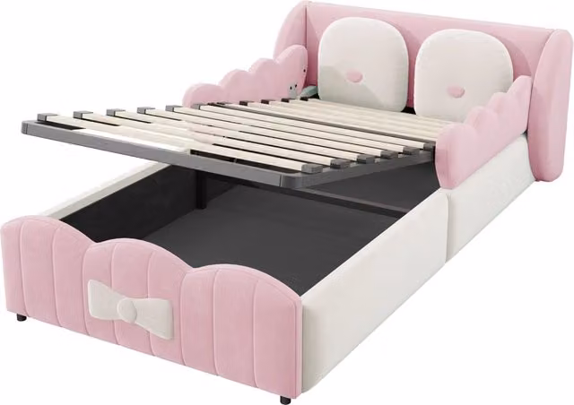 Letto imbottito per bambini 90 x 200 cm; contenitore idraulico; velluto rosa per cameretta
