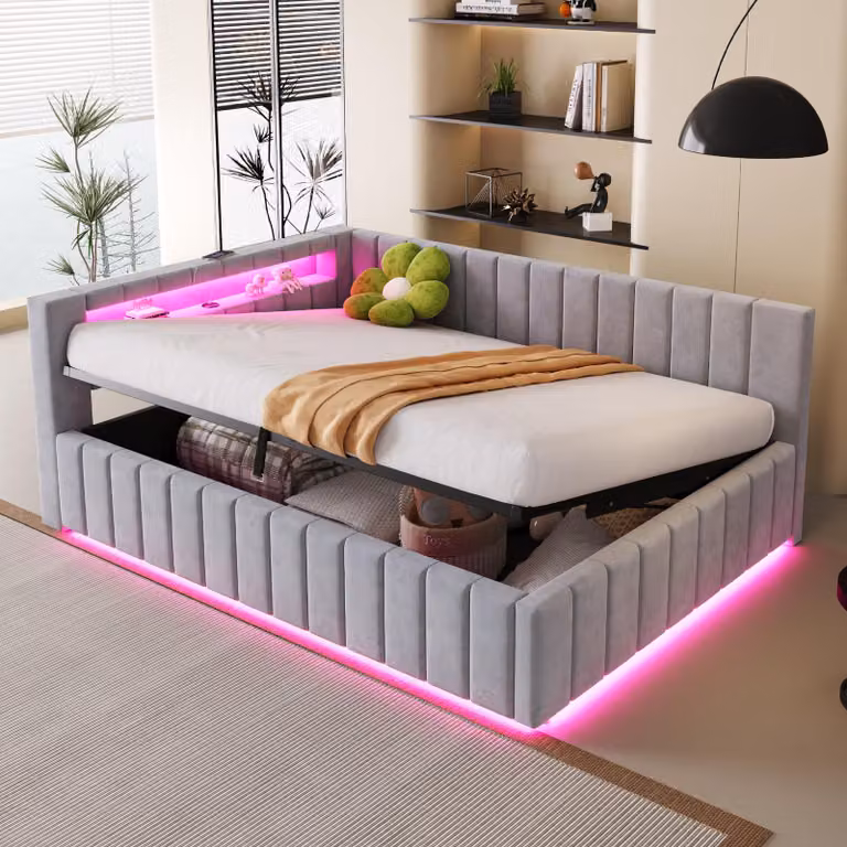 Divano letto imbottito 140x200, con spazio contenitore a sollevamento idraulico, dotato di illuminazione LED e porta USB, con schienale, poggiatesta e struttura del letto robusta